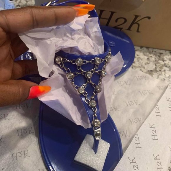 Brand New Royal Blue Stone-Embellished Jelly Flip-Flops - Women's Size 8 - Picture 5 of 6